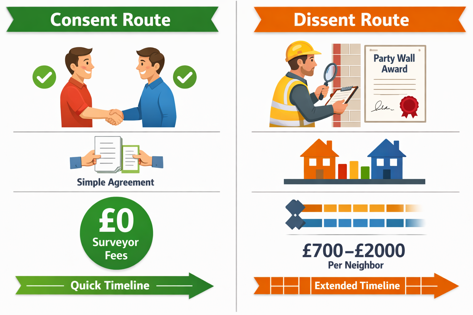 () split-screen comparison image showing 'Consent Route' versus 'Dissent Route' for party wall procedures. Left side
