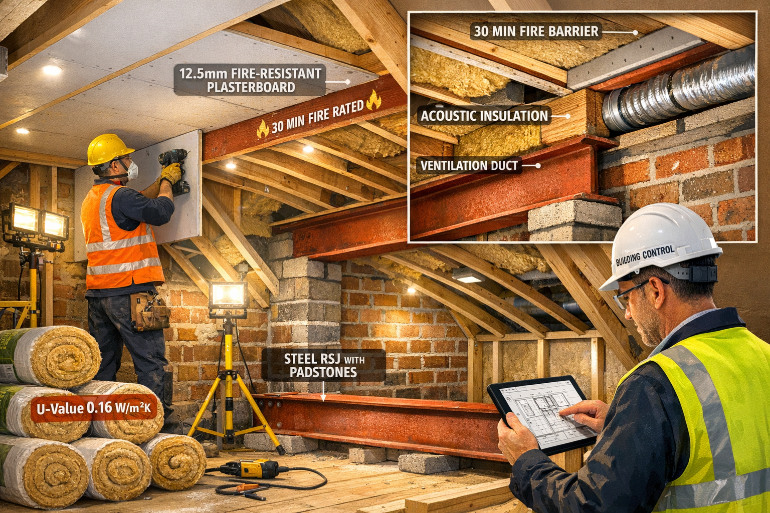 () detailed construction scene inside active loft conversion showing compliance essentials: worker installing 12.5mm