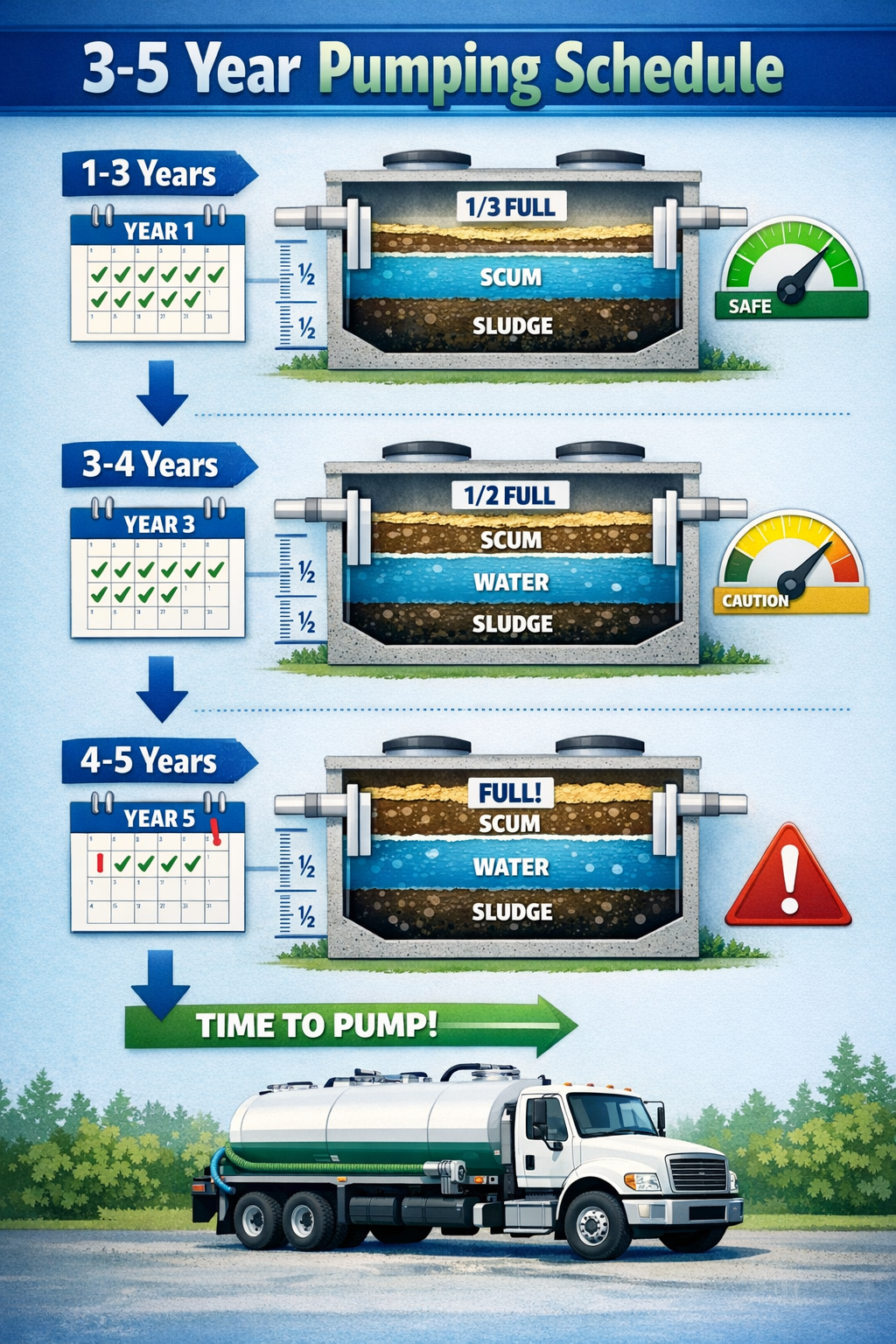 Portrait format (1024x1536) infographic showing septic tank pumping schedule with calendar icons, tank cross-section at different fill level