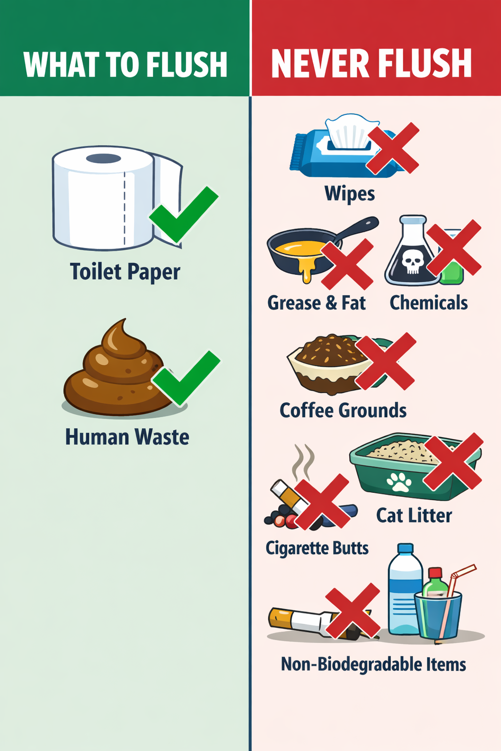 Portrait format (1024x1536) split-screen comparison showing 'What to Flush vs Never Flush' with green checkmarks for toilet paper and human 