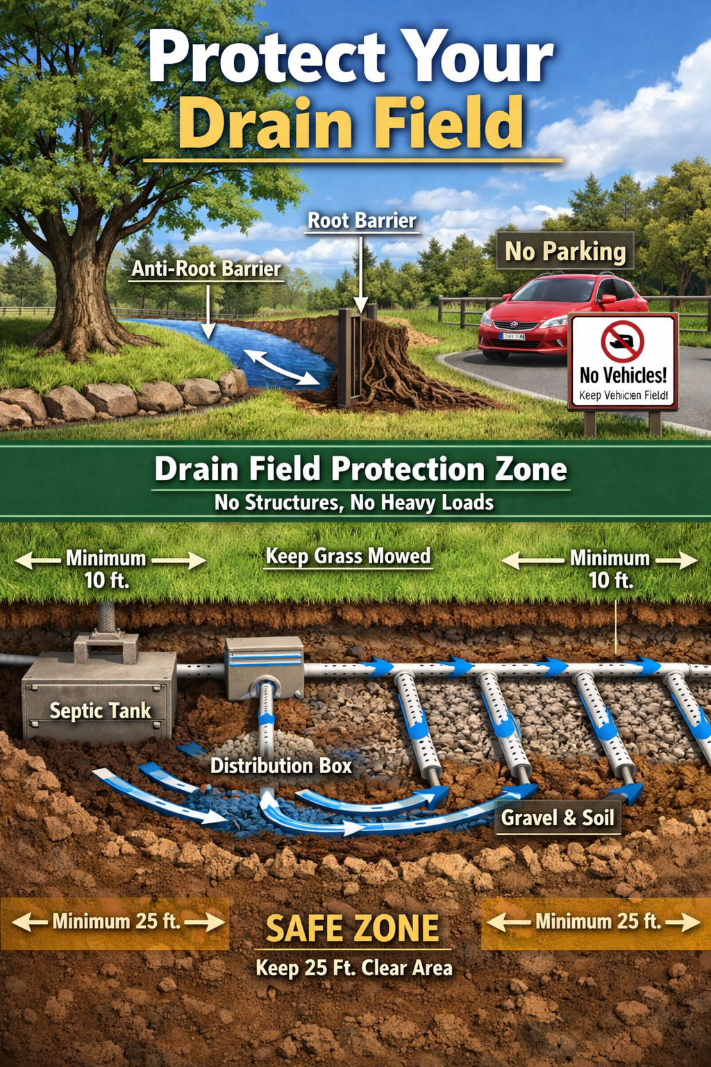 Portrait format (1024x1536) cutaway illustration of septic drain field protection showing proper landscaping, water diversion, tree root bar
