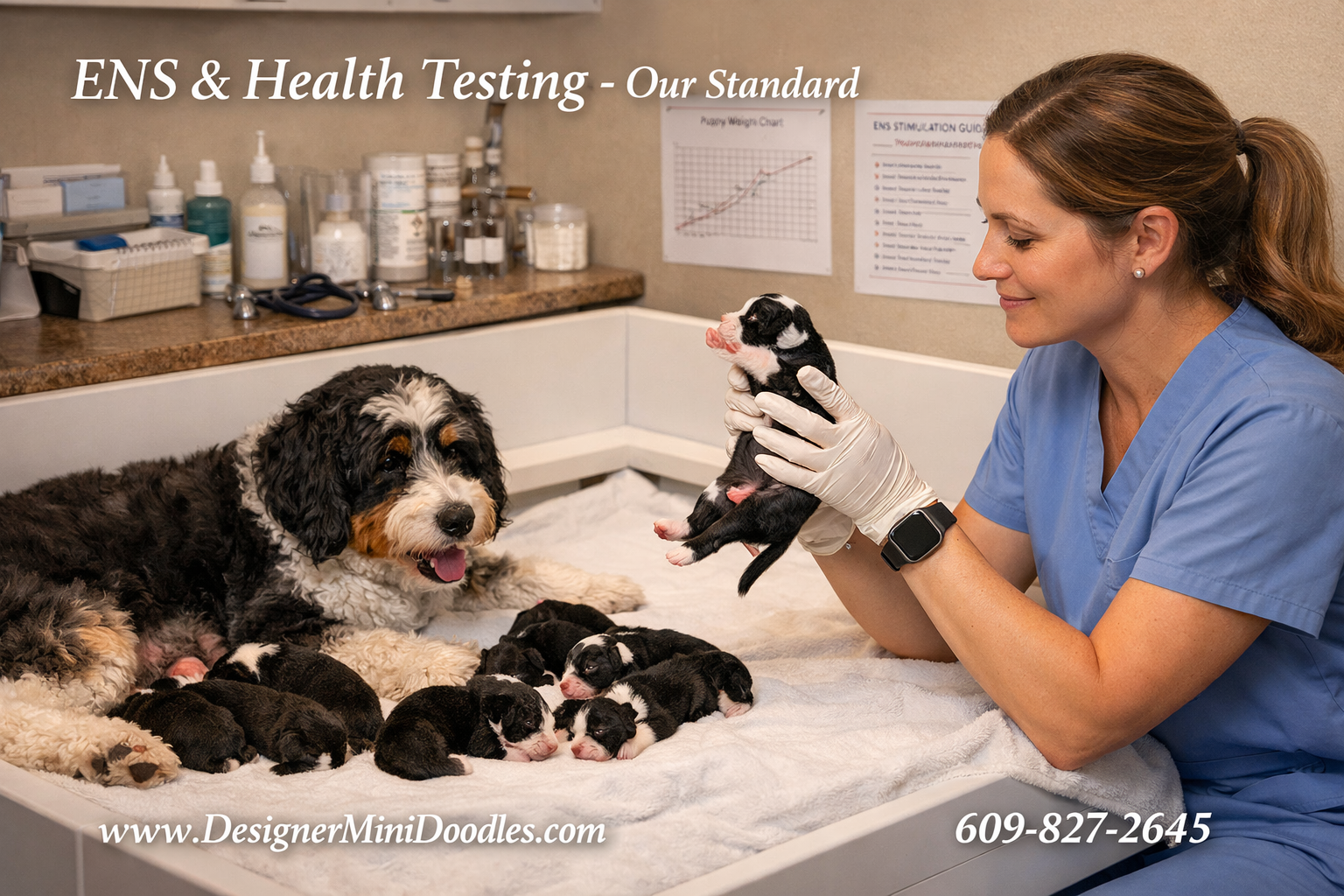 Detailed () image showing a professional whelping area with a mother bernedoodle and her litter of tiny puppies on clean