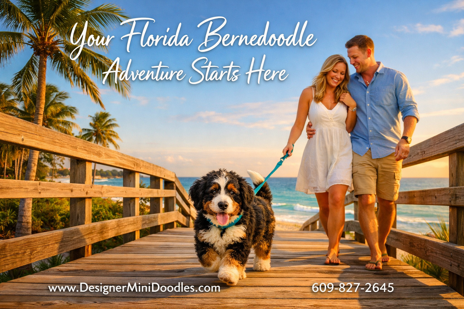 Detailed () image of a happy couple walking their miniature bernedoodle puppy along a scenic Florida boardwalk with ocean