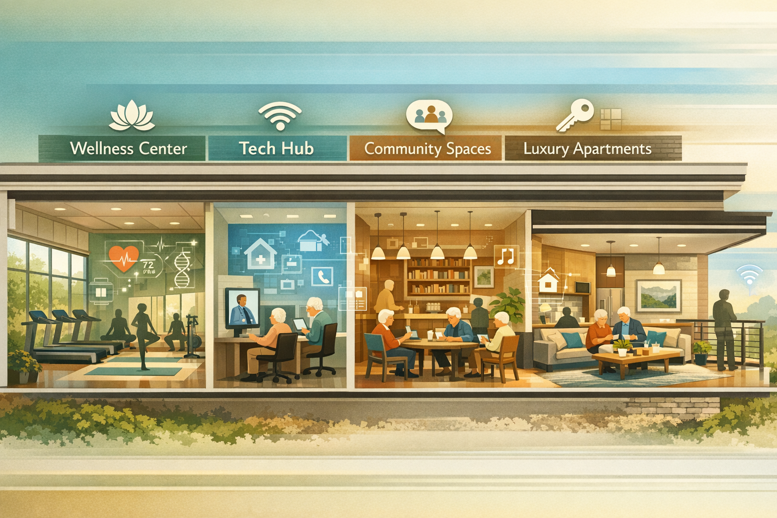 Detailed landscape format (1536x1024) concept illustration showing modern senior living community cross-section with four distinct zones: we