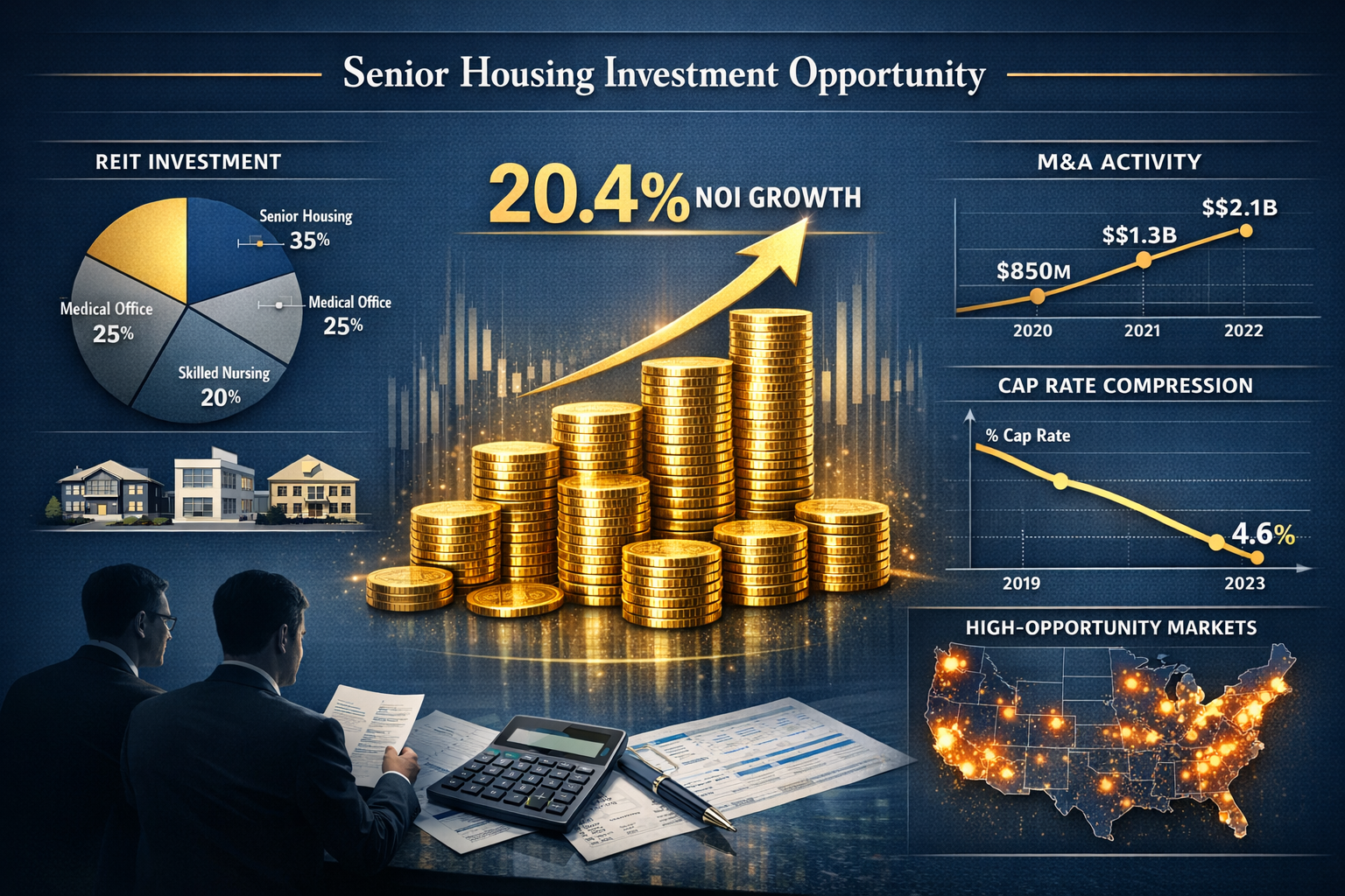 Detailed landscape format (1536x1024) professional investment opportunity visualization showing portfolio diversification strategy for senio