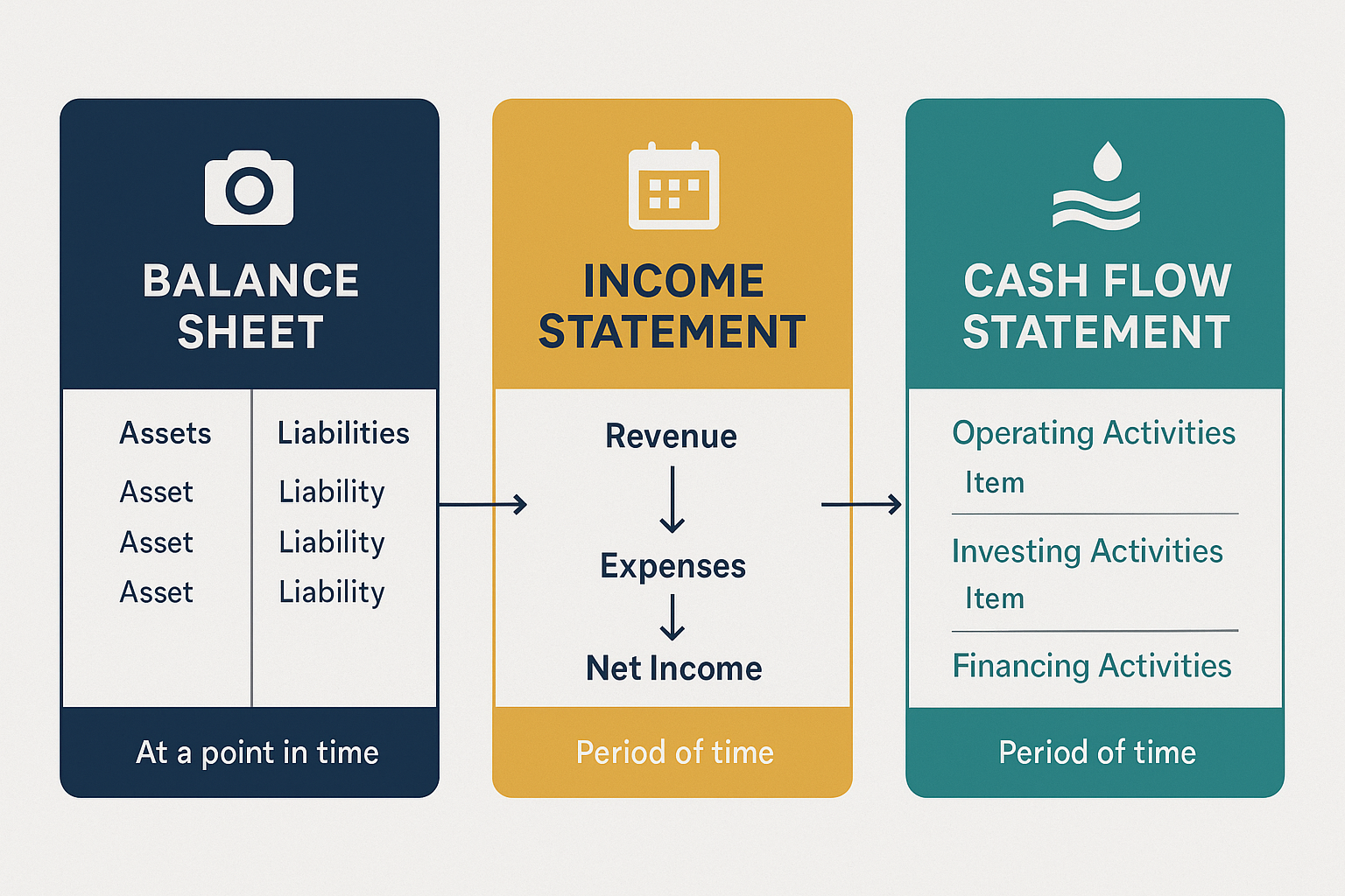 Comprehensive visual comparison chart displaying the three essential financial statements side by side: Balance Sheet on left showing snapsh