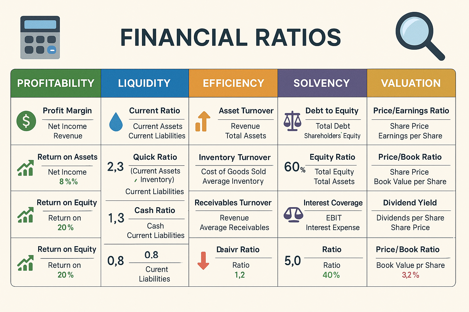 Detailed financial ratios reference table visualization showing five category columns: Profitability (green), Liquidity (blue), Efficiency (