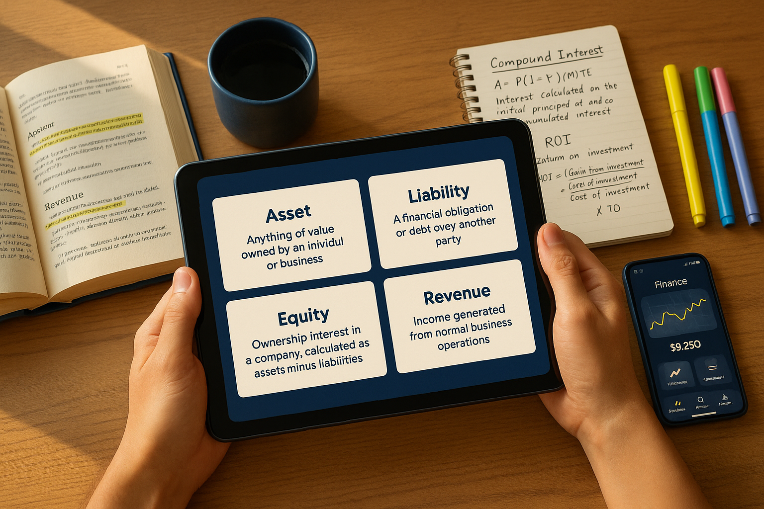 Interactive learning scene showing hands holding tablet displaying financial terms flashcards with definitions, surrounded by physical study