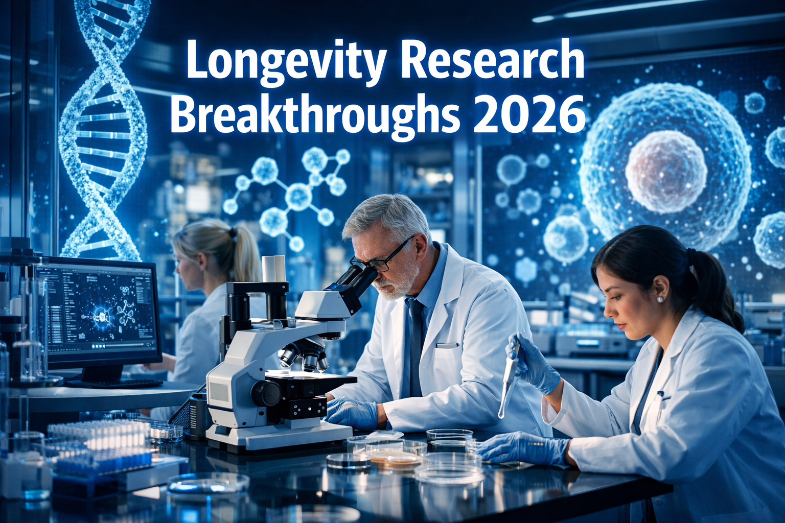 Professional landscape format (1536x1024) hero image featuring bold text overlay 'Longevity Research Breakthroughs 2026' in extra large 72pt