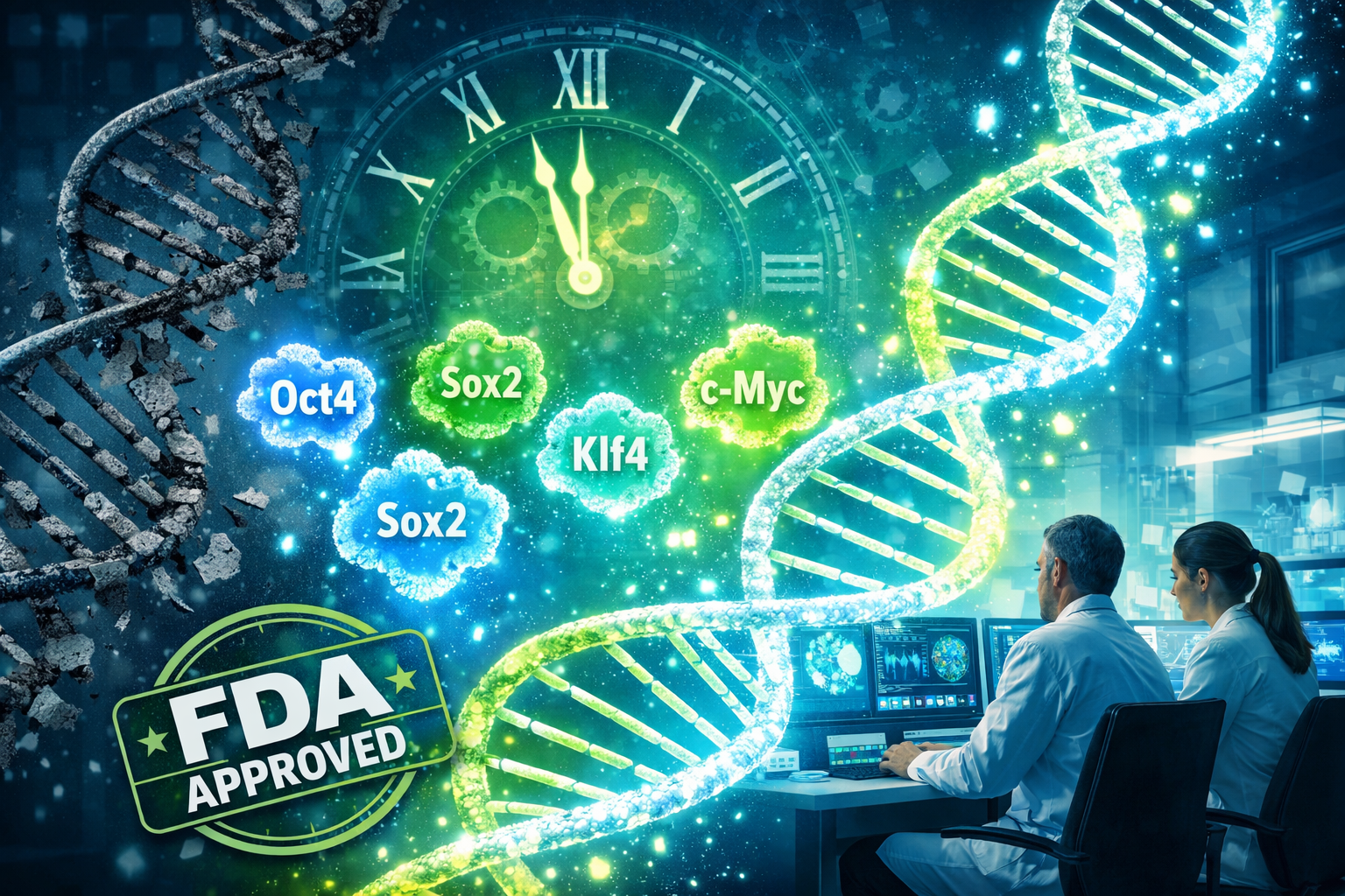 Detailed landscape format (1536x1024) image showing epigenetic reprogramming visualization with DNA double helix transforming from aged (dar