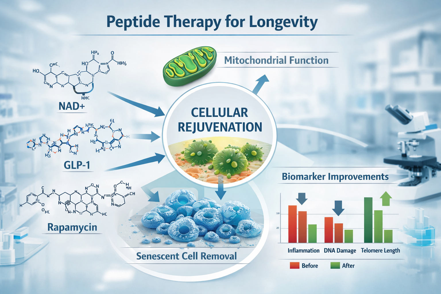 Landscape format (1536x1024) infographic displaying peptide therapy mechanisms for longevity research. Show molecular structures of NAD+, GL