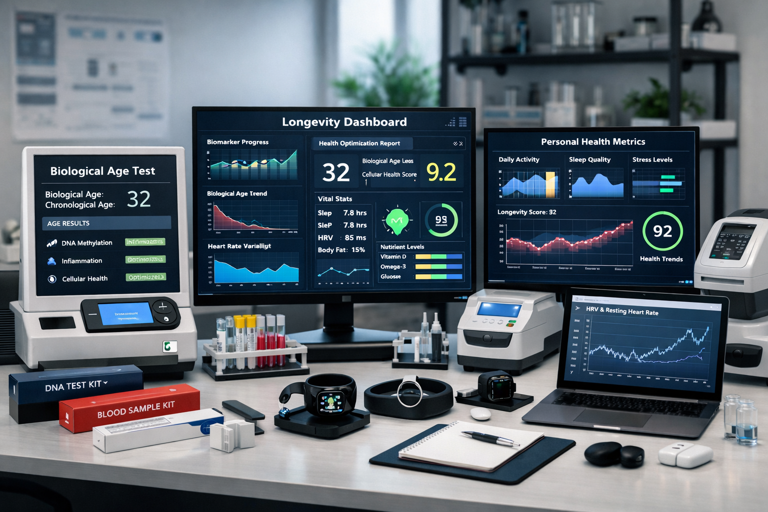 Detailed landscape format (1536x1024) image of modern biohacker workspace featuring biological age testing equipment, at-home diagnostic kit