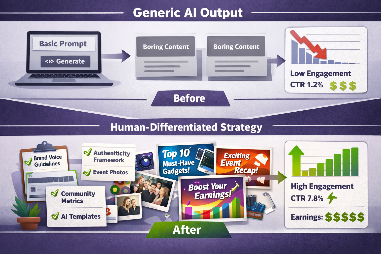 Landscape format (1536x1024) editorial illustration showing affiliate marketer workflow comparison chart with two distinct paths: top path l