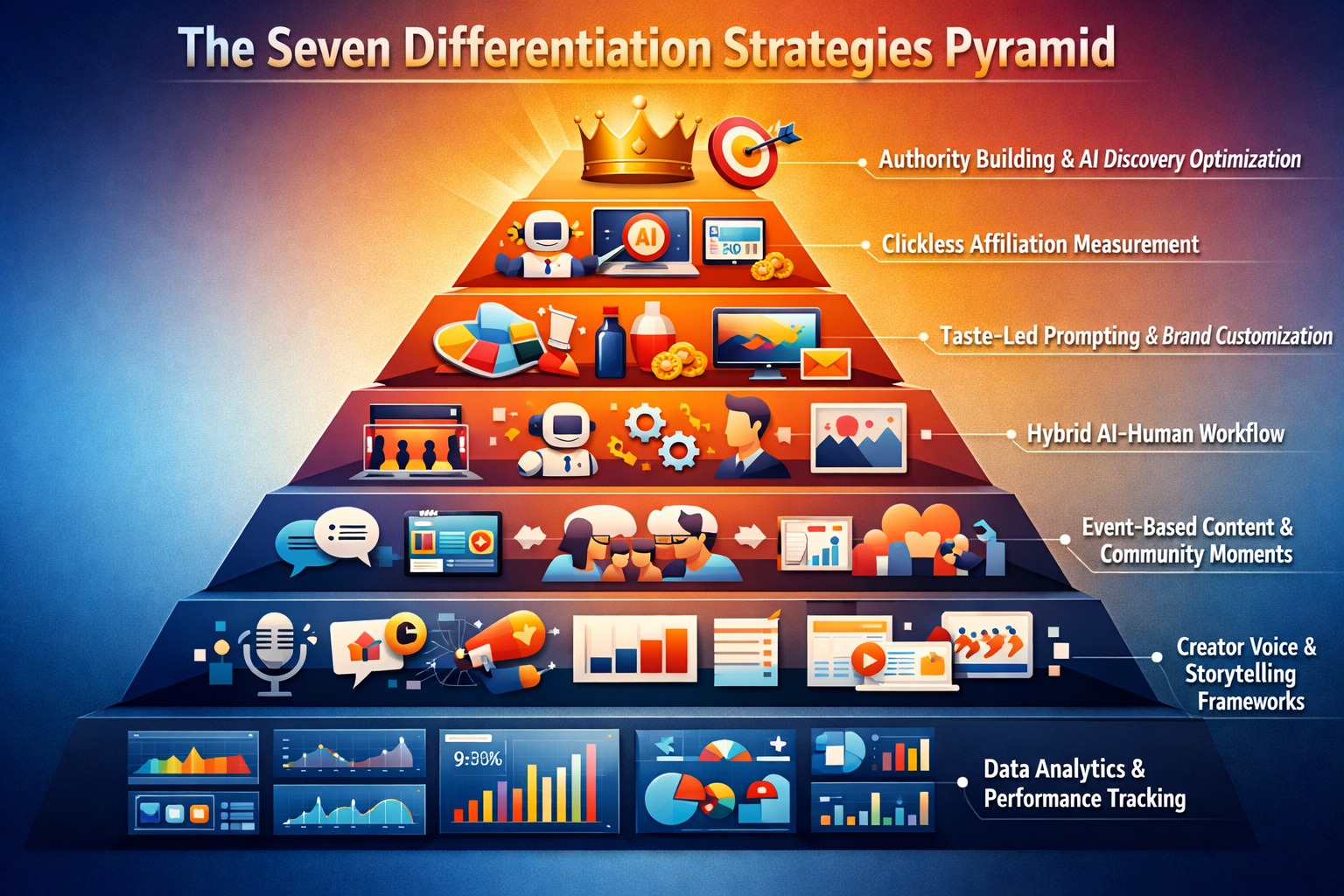 Landscape format (1536x1024) concept visualization showing 'The Seven Differentiation Strategies Pyramid' with detailed layers from bottom t