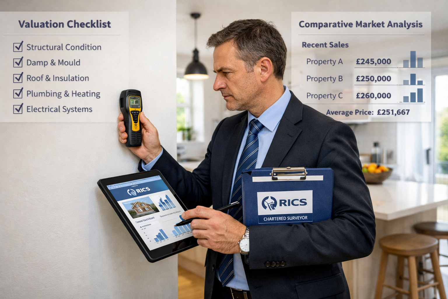 () editorial image showing RICS chartered surveyor in professional attire conducting detailed property inspection inside
