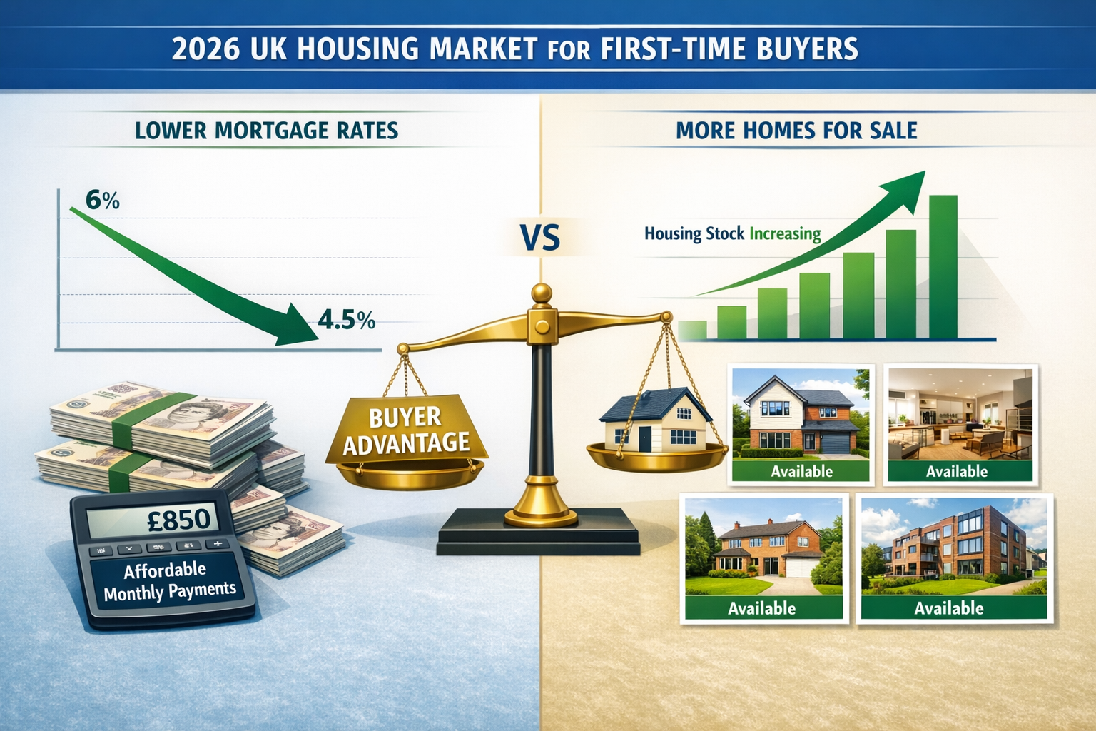 () infographic-style image displaying split-screen comparison of 2026 UK housing market conditions for first-time buyers.