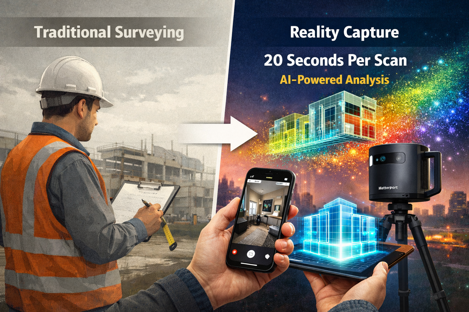 Landscape format (1536x1024) editorial image showing side-by-side comparison of traditional surveying versus modern reality capture methods.