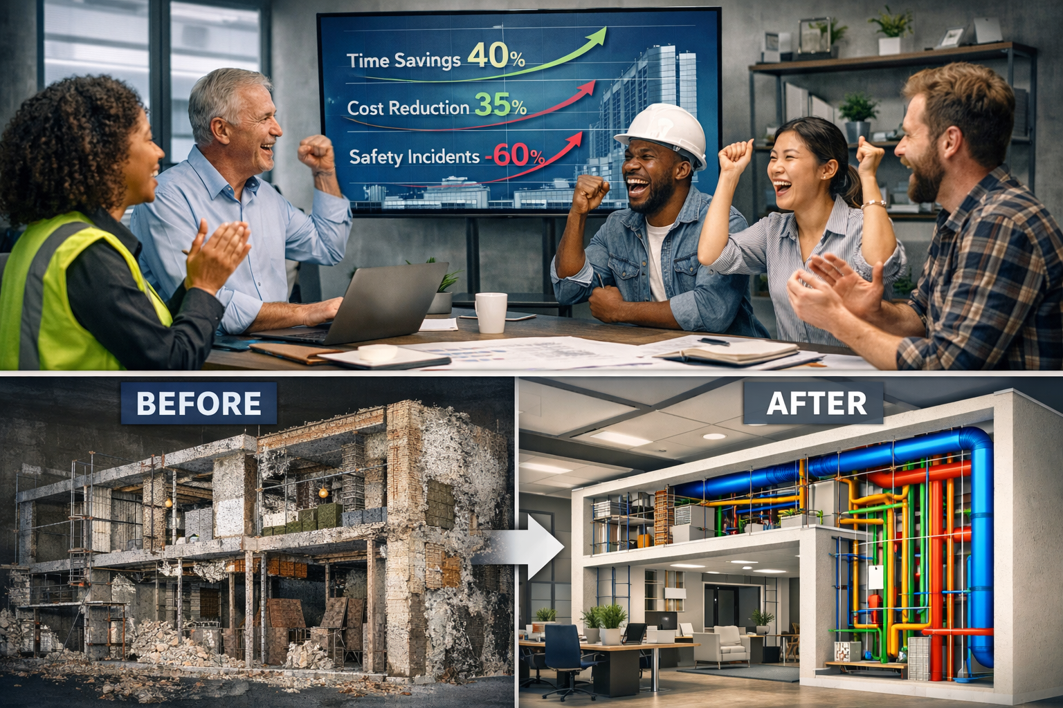Landscape format (1536x1024) split-screen image showing reality capture ROI and adoption success metrics. Top half: modern office with diver