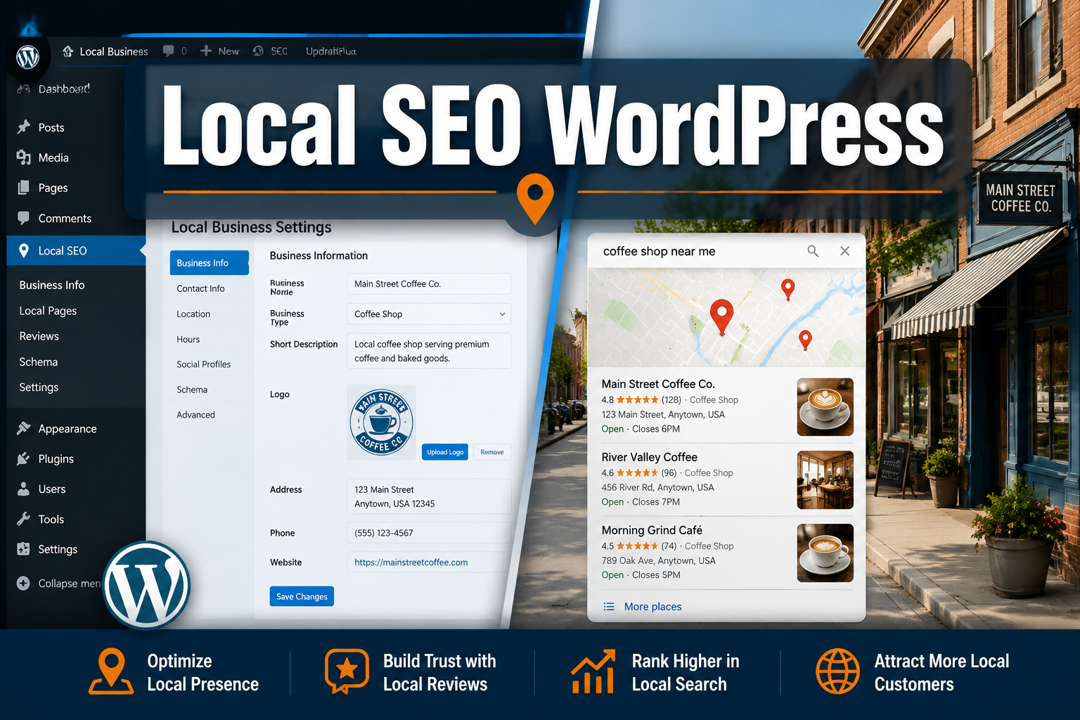 Professional hero image with 'Local SEO WordPress' in extra large white with deep effect, centered upper-third