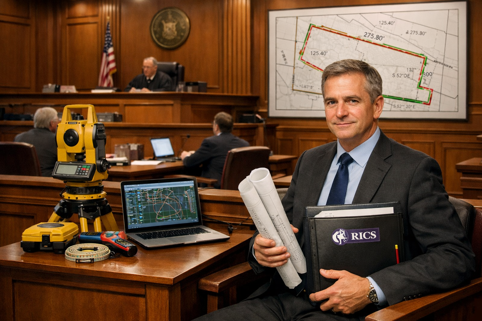 () detailed courtroom scene showing expert witness stand in foreground with professional surveyor in business attire holding