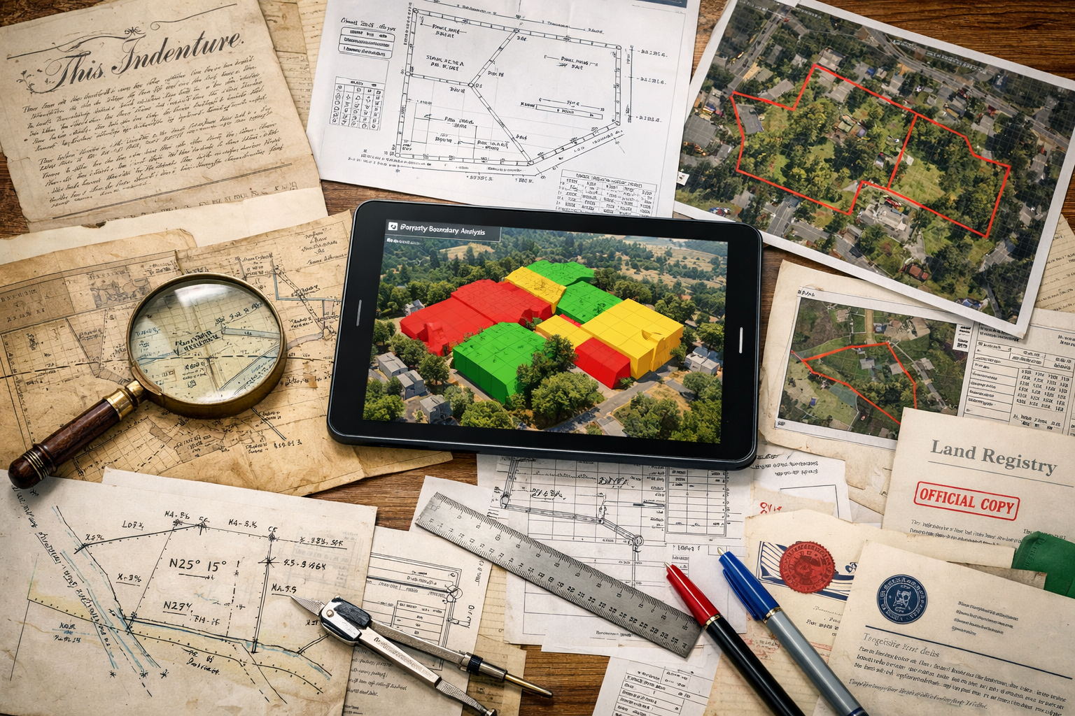 () bird's eye view of professional surveyor's desk covered with multiple overlapping documents: historical property deeds