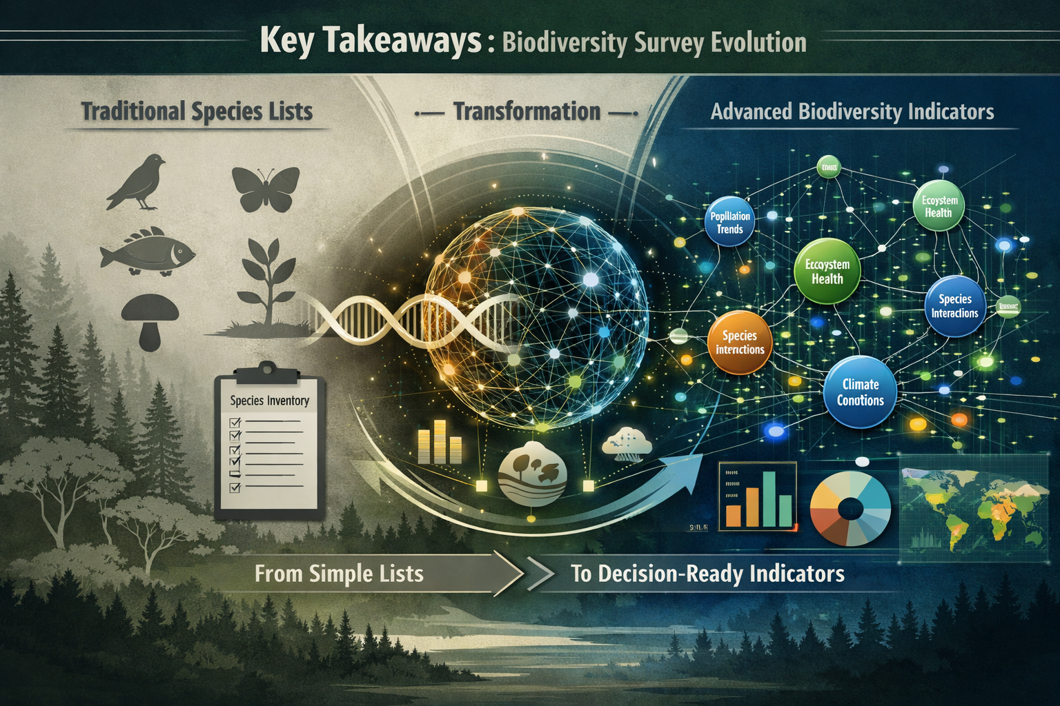 A conceptual landscape infographic visualizing 'Key Takeaways' in biodiversity survey evolution, featuring a split-screen