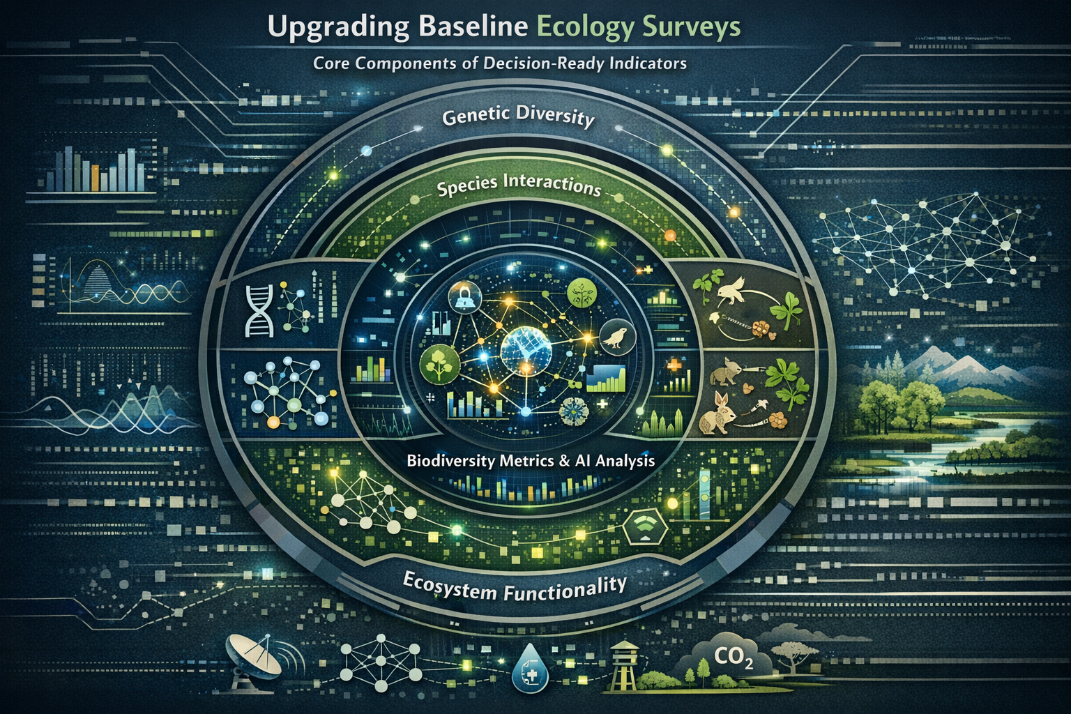 An intricate infographic representing 'Upgrading Baseline Ecology Surveys: Core Components of Decision-Ready Indicators',