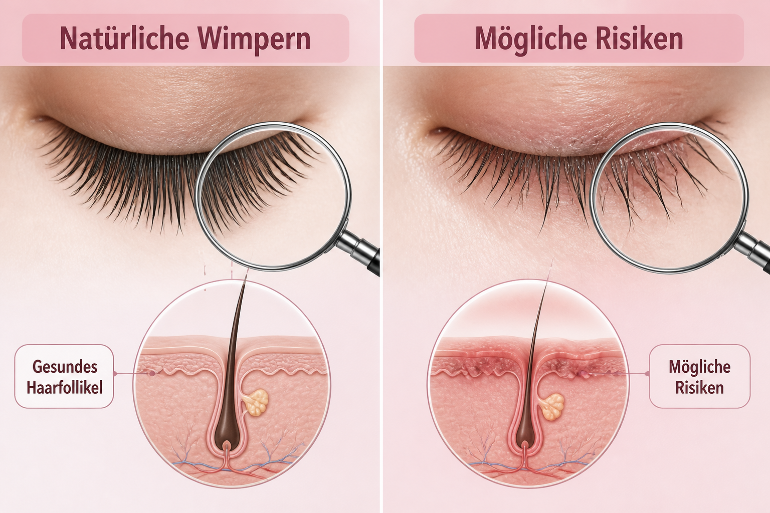 () editorial illustration showing a split-screen comparison: left side displays healthy natural lashes under magnification