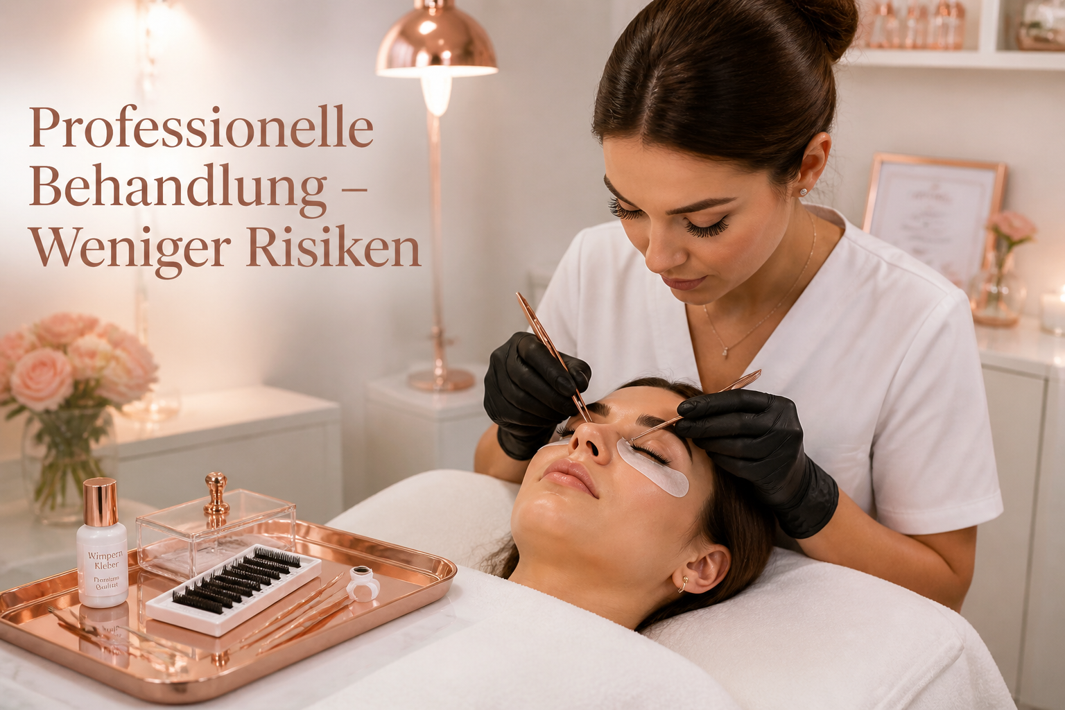 () beauty studio scene showing a professional lash technician carefully applying extensions to a relaxed client, with a