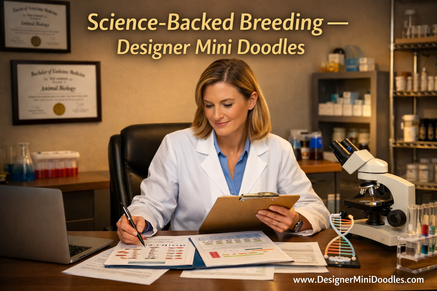 () image showing a professional animal biology laboratory setting with a confident female scientist in a white coat