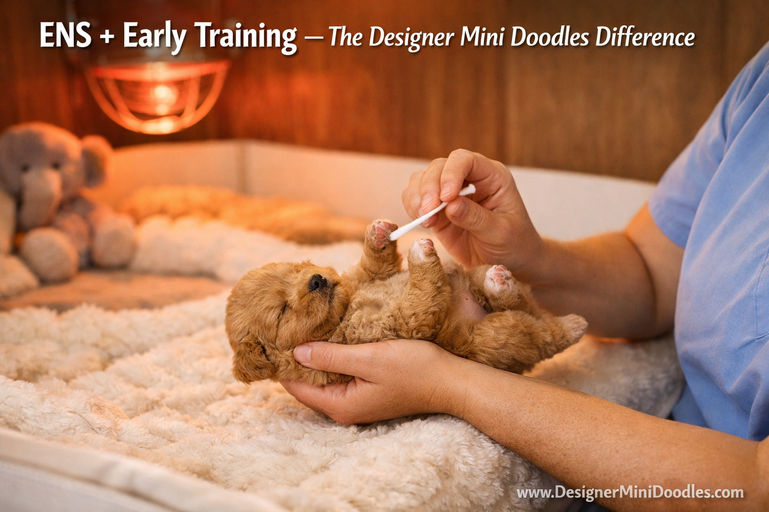 () warm lifestyle photo of a micro mini goldendoodle puppy in a cozy whelping room nursery setting with soft bedding, a heat