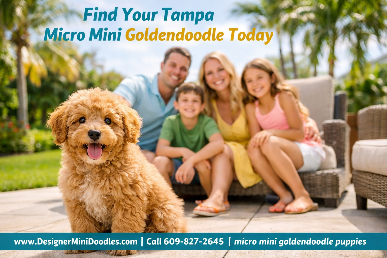 () image of a happy Tampa family — two adults and two children — sitting on a bright Florida patio with a fluffy micro mini
