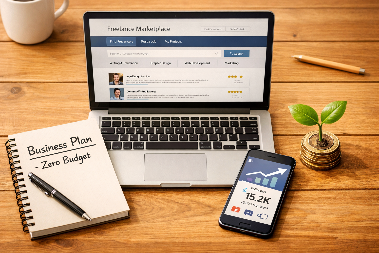 () editorial illustration showing a flat-lay overhead view of a wooden desk with a laptop open to a freelance marketplace