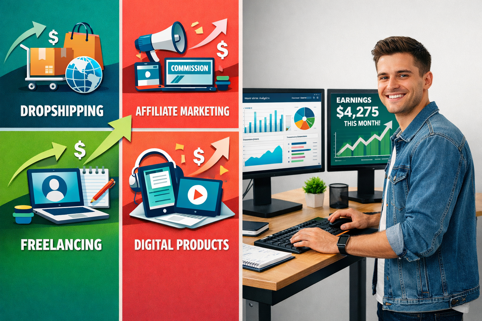 () dynamic split-screen infographic-style image: left side shows icons for dropshipping, affiliate marketing, freelancing,