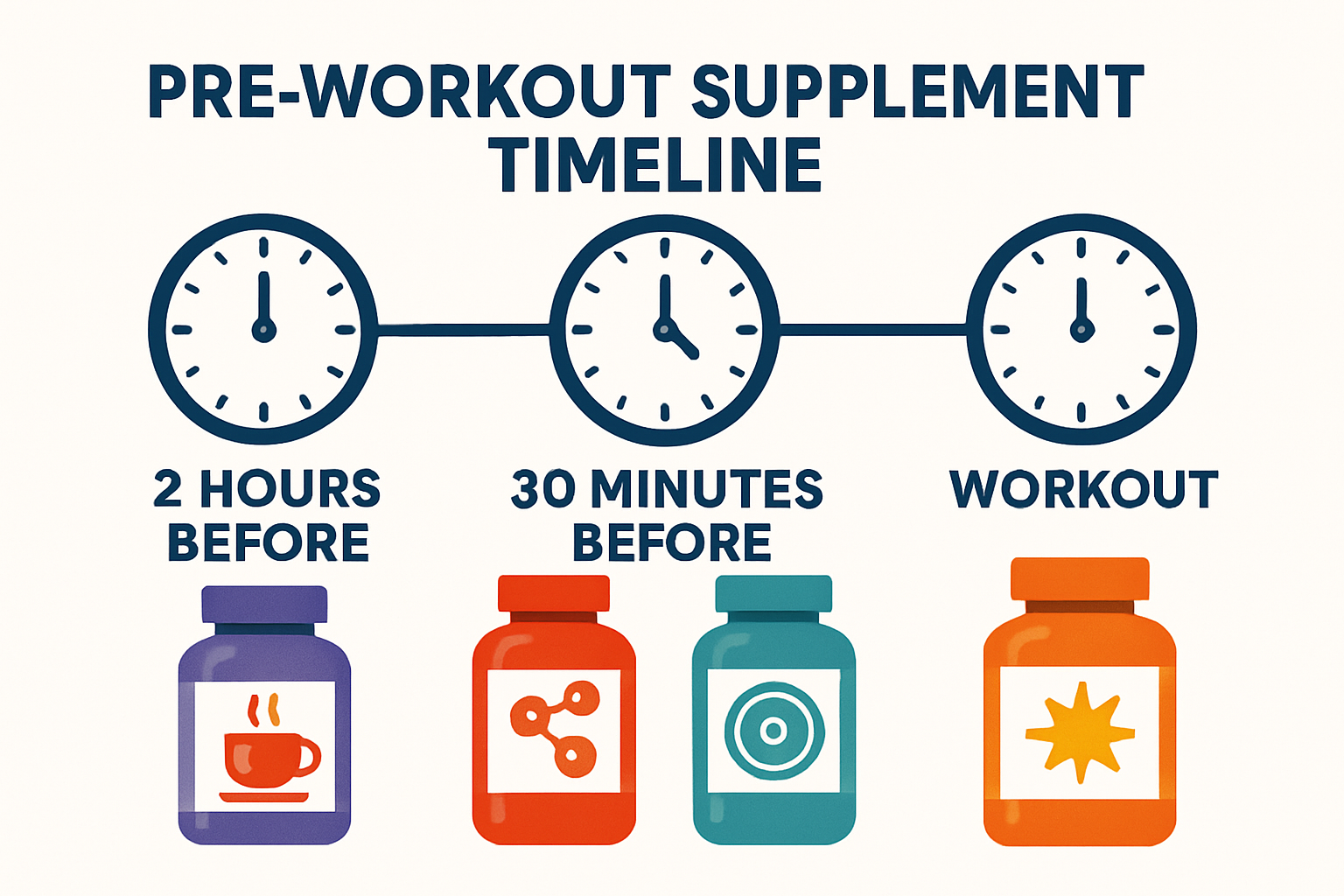 Detailed infographic showing pre-workout supplement timeline with colorful icons representing different supplements (caffeine, creatine, BCA