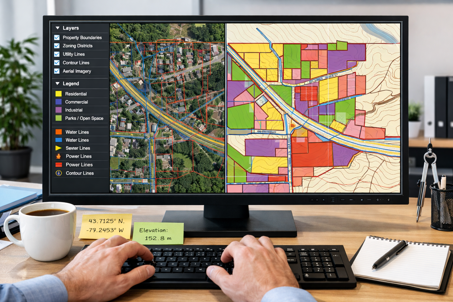 Detailed landscape format (1536x1024) image showing interactive GIS map interface on large desktop monitor with multiple transparent data la