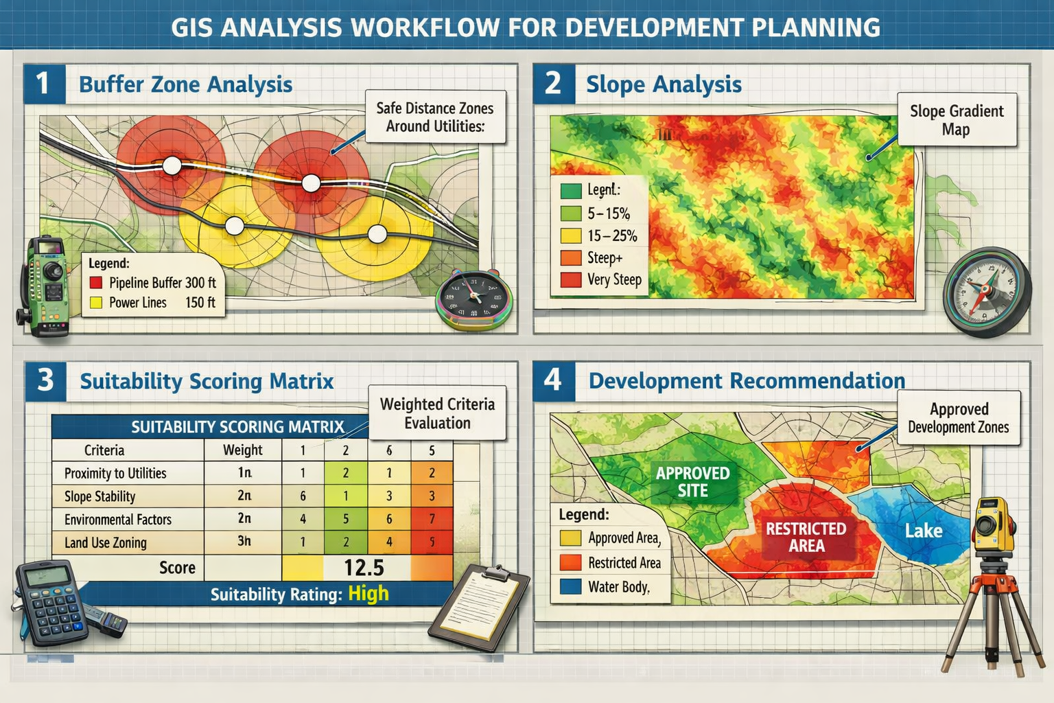 Landscape format (1536x1024) technical illustration showing step-by-step GIS analysis workflow for development planning: numbered panels (1-