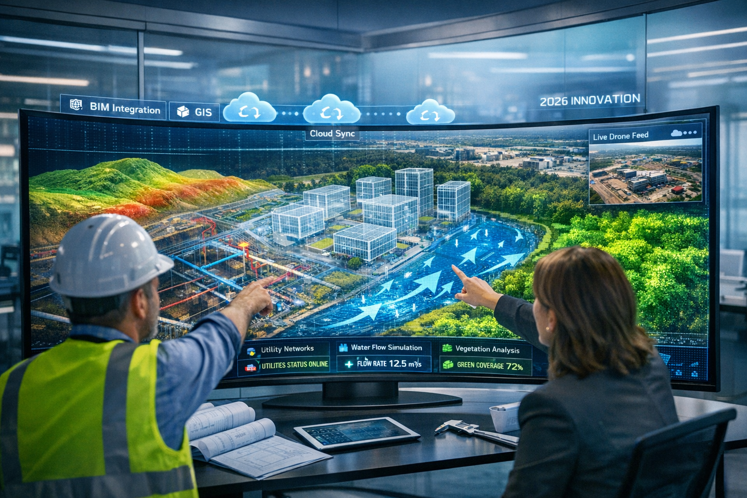 Landscape format (1536x1024) futuristic scene showing real-time 3D digital twin model of property development site on curved ultra-wide moni