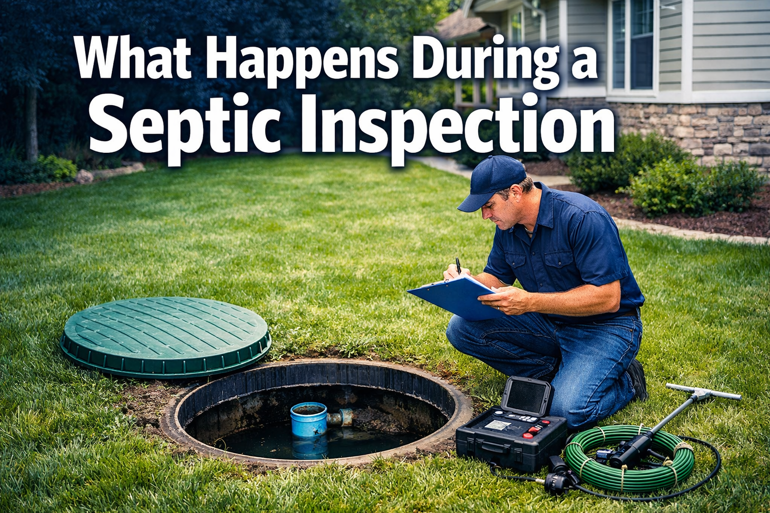 Professional landscape format (1536x1024) hero image featuring bold text overlay 'What Happens During a Septic Inspection' in extra large 72