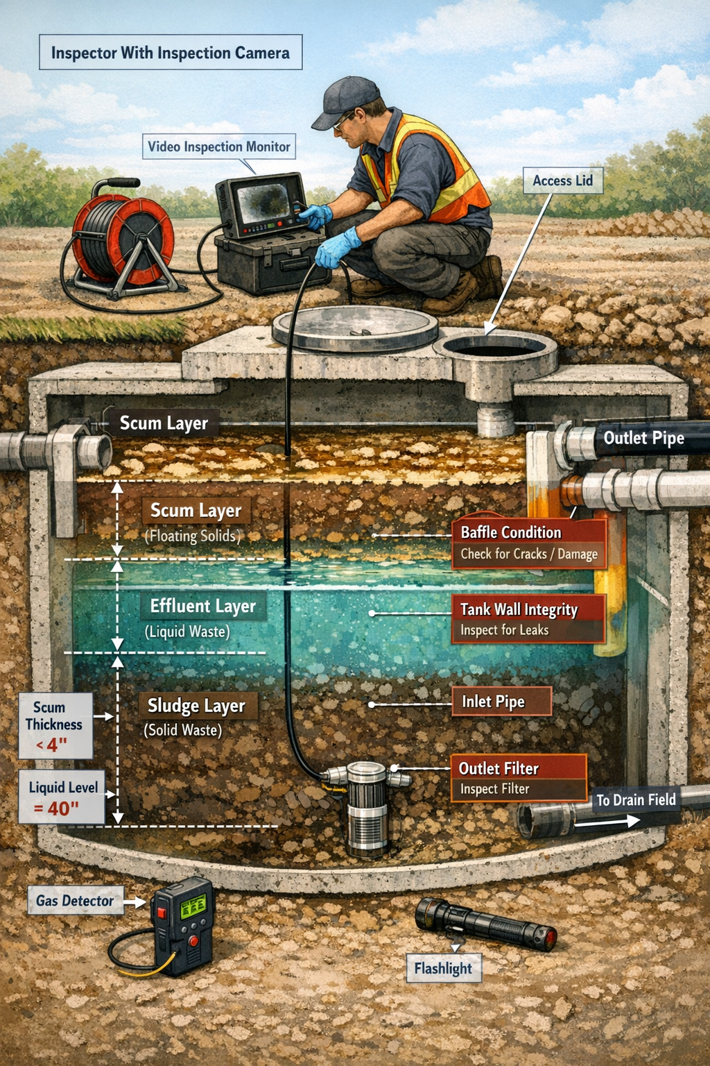 Portrait format (1024x1536) detailed cross-section illustration of septic tank during inspection showing inspector using camera equipment, t