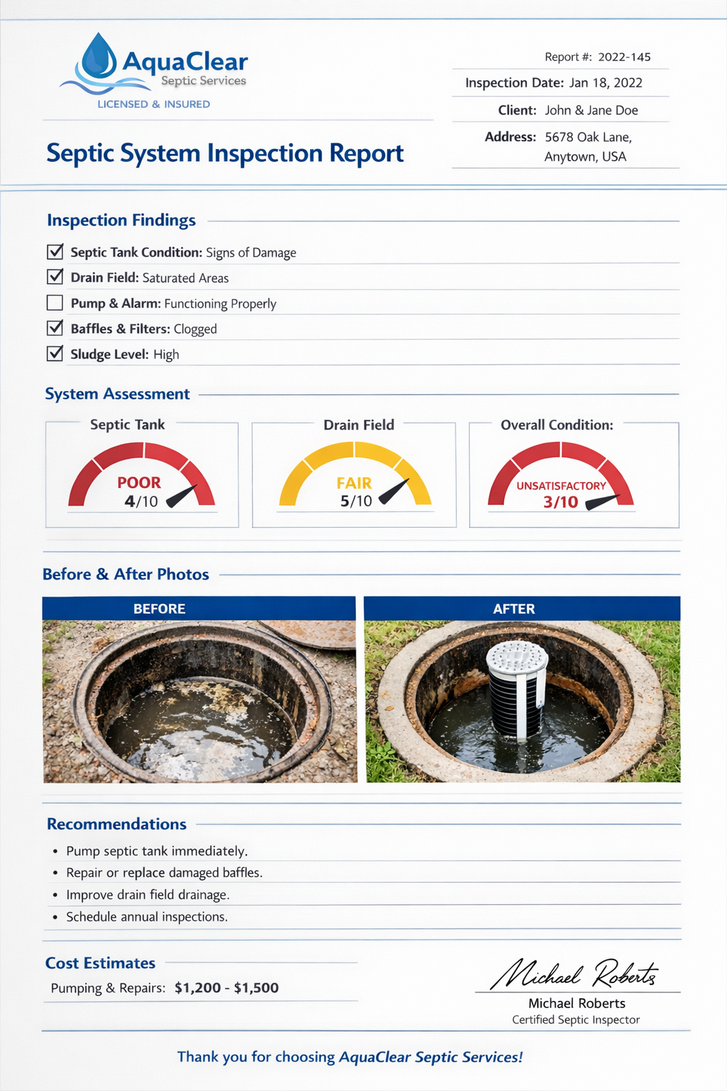 Portrait format (1024x1536) comprehensive septic system inspection report mockup showing professional documentation, inspection findings che