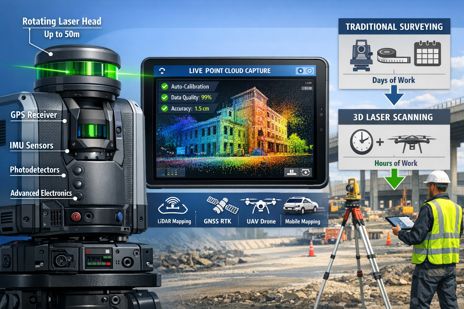 Detailed landscape format (1536x1024) image showing close-up of advanced 3D laser scanning technology components and workflow integration. L