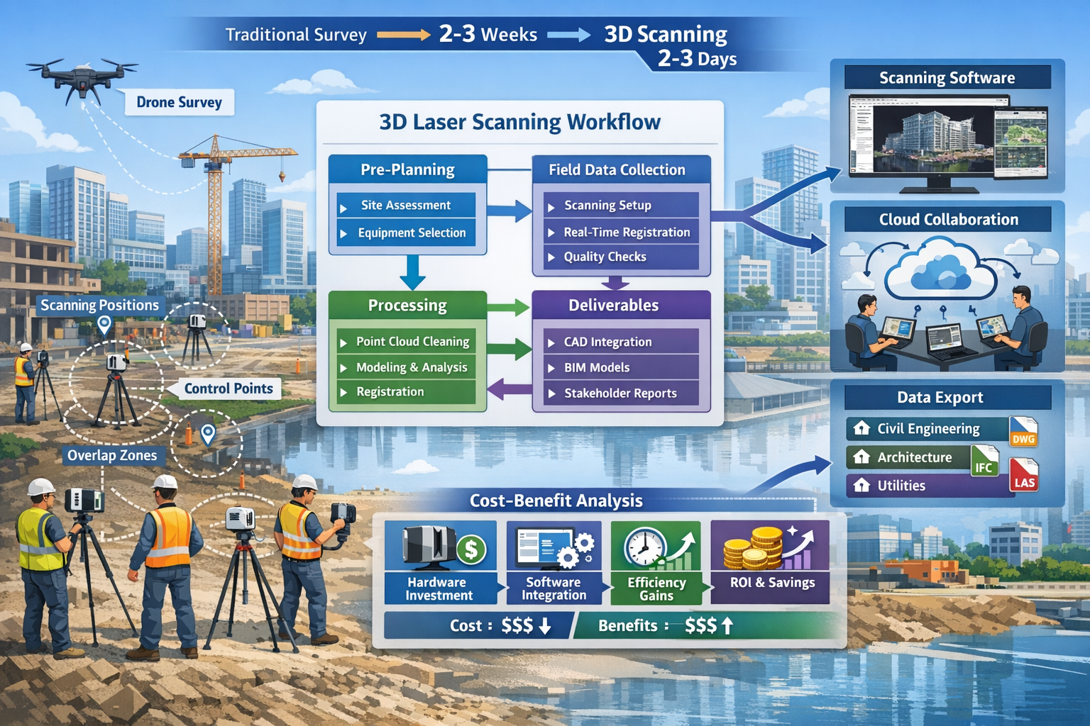 Detailed landscape format (1536x1024) image demonstrating practical integration of 3D laser scanning into modern surveying workflows for inf