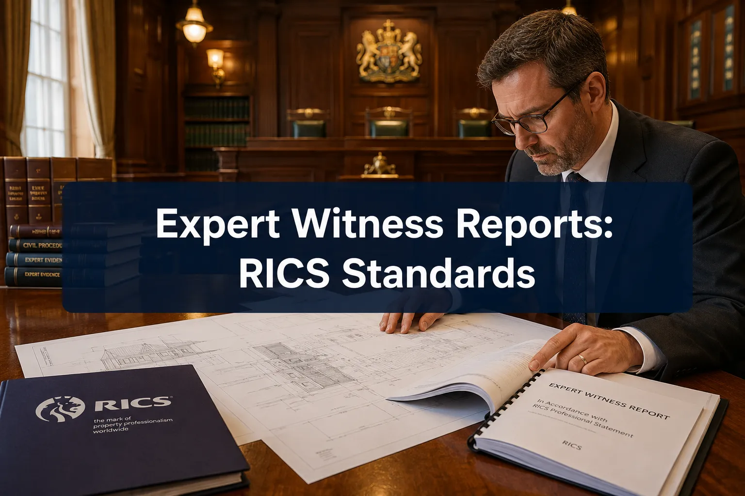 Professional () hero image with (≤42 chars): 'Expert Witness Reports: RICS Standards' in crisp white on a deep navy