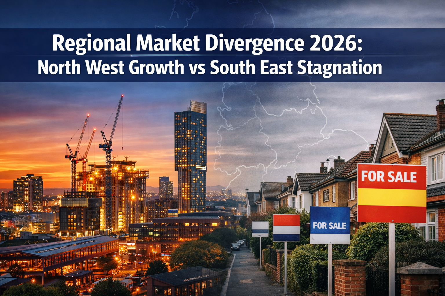 Professional () hero image with : 'Regional Market Divergence 2026: North West Growth vs South East Stagnation' in extra