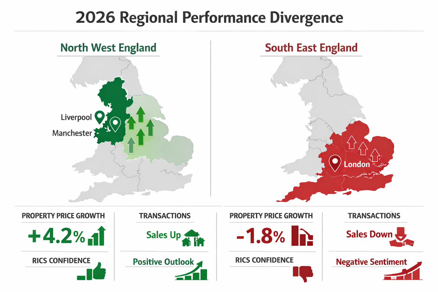 Detailed () infographic showing UK map with color-coded regions highlighting North West England in vibrant green with upward