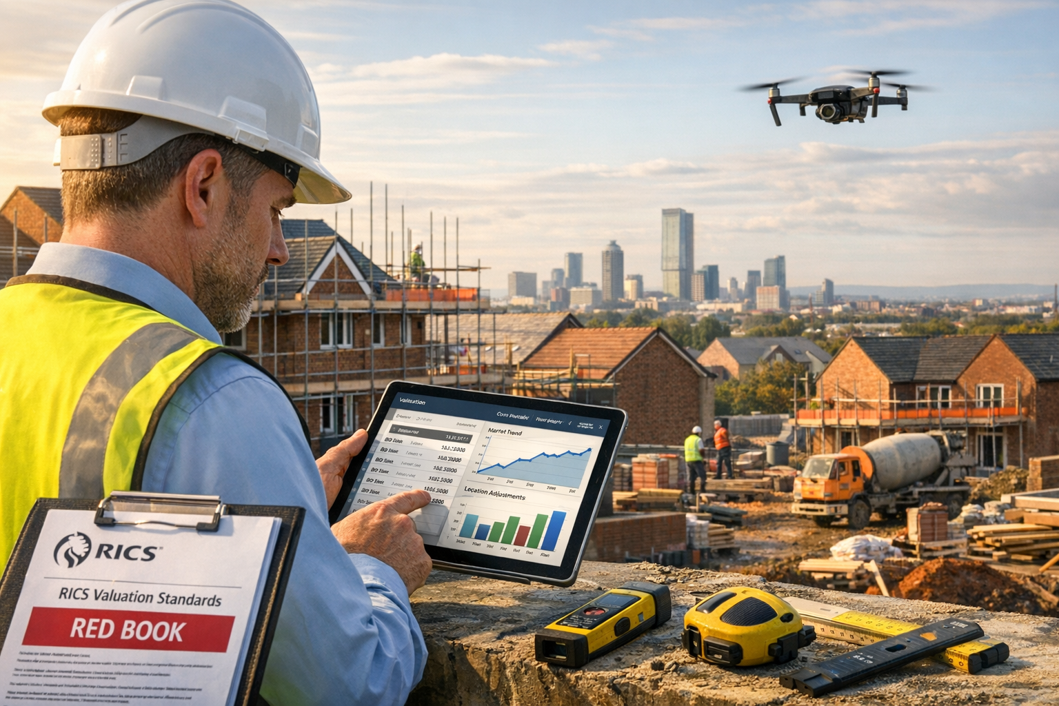 Detailed () conceptual illustration showing professional chartered surveyor in high-visibility vest and hard hat conducting