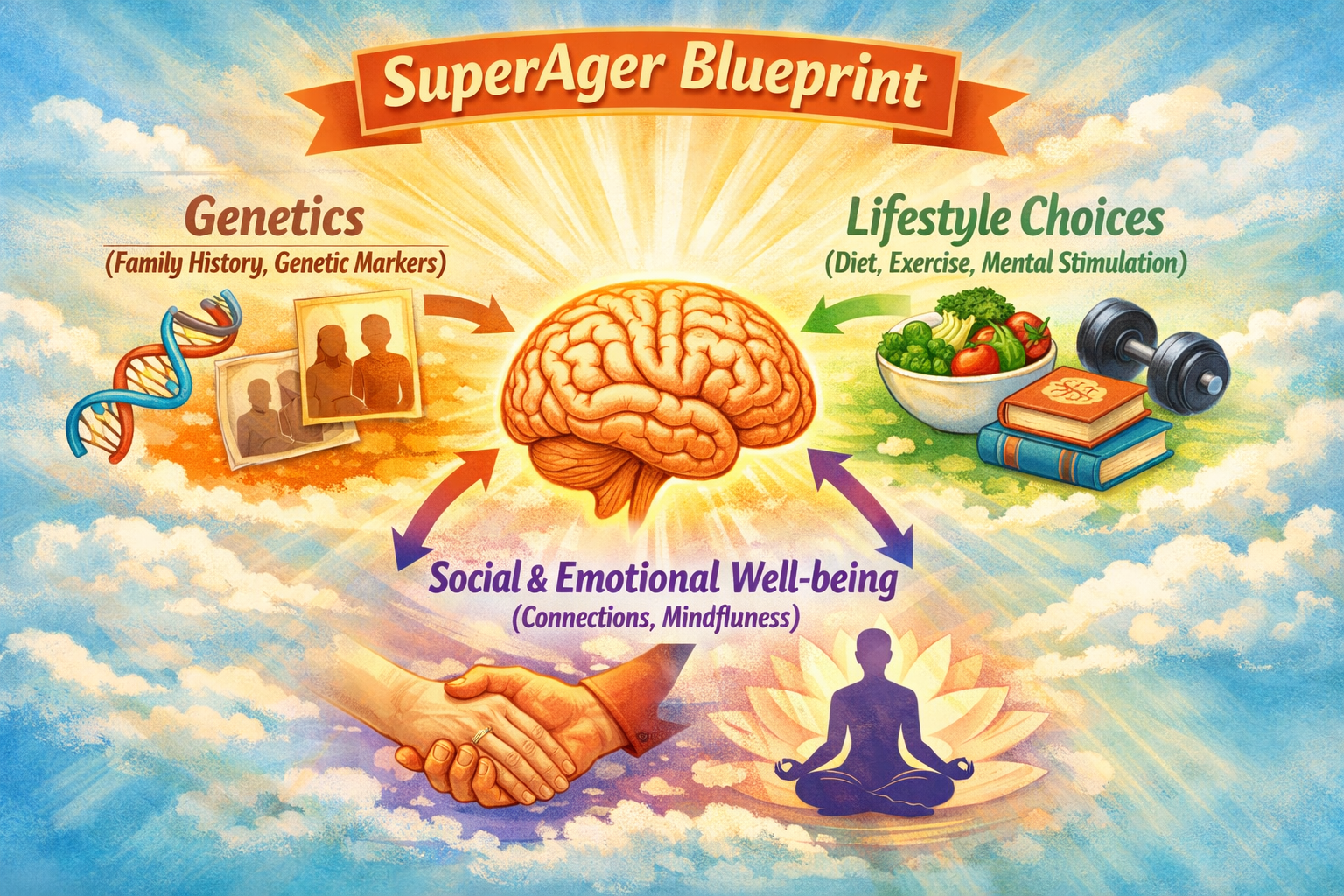 Unlocking the Secrets of SuperAgers: How to Become One and Defy Aging 3 A detailed diagram showcasing the 'SuperAger Blueprint': a central brain with arrows pointing to interconnected factors like 'Genetics (Fami