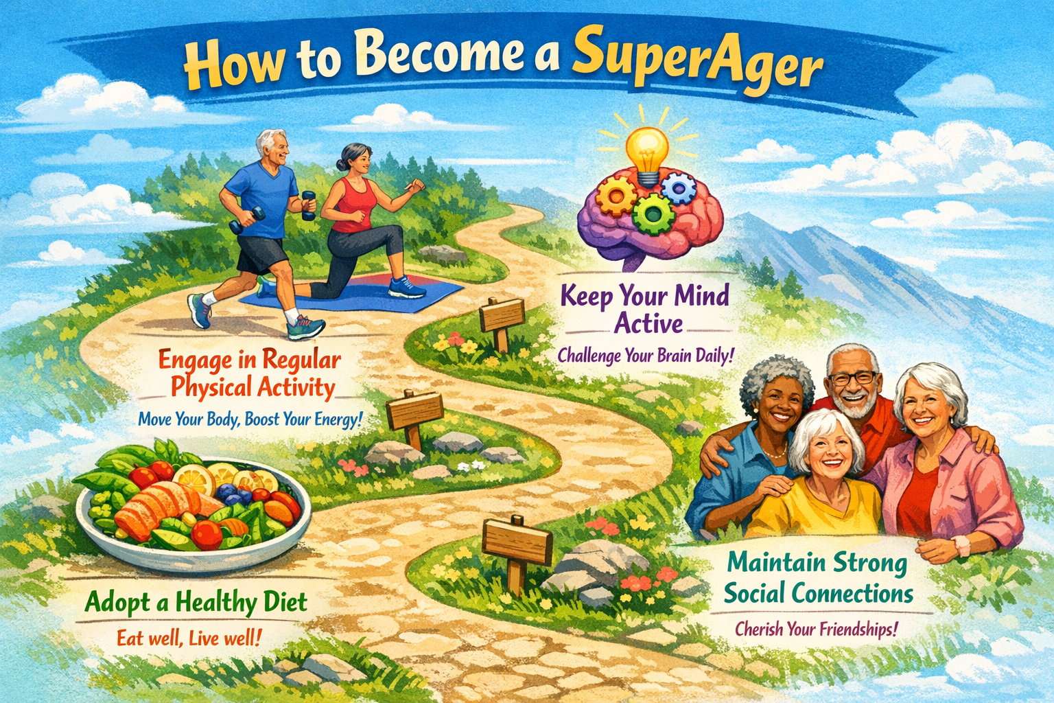 Unlocking the Secrets of SuperAgers: How to Become One and Defy Aging 4 A visual guide for 'How to Become a SuperAger,' depicted as a step-by-step path. Each step is represented by an icon: 'Adopt a Healthy Diet'