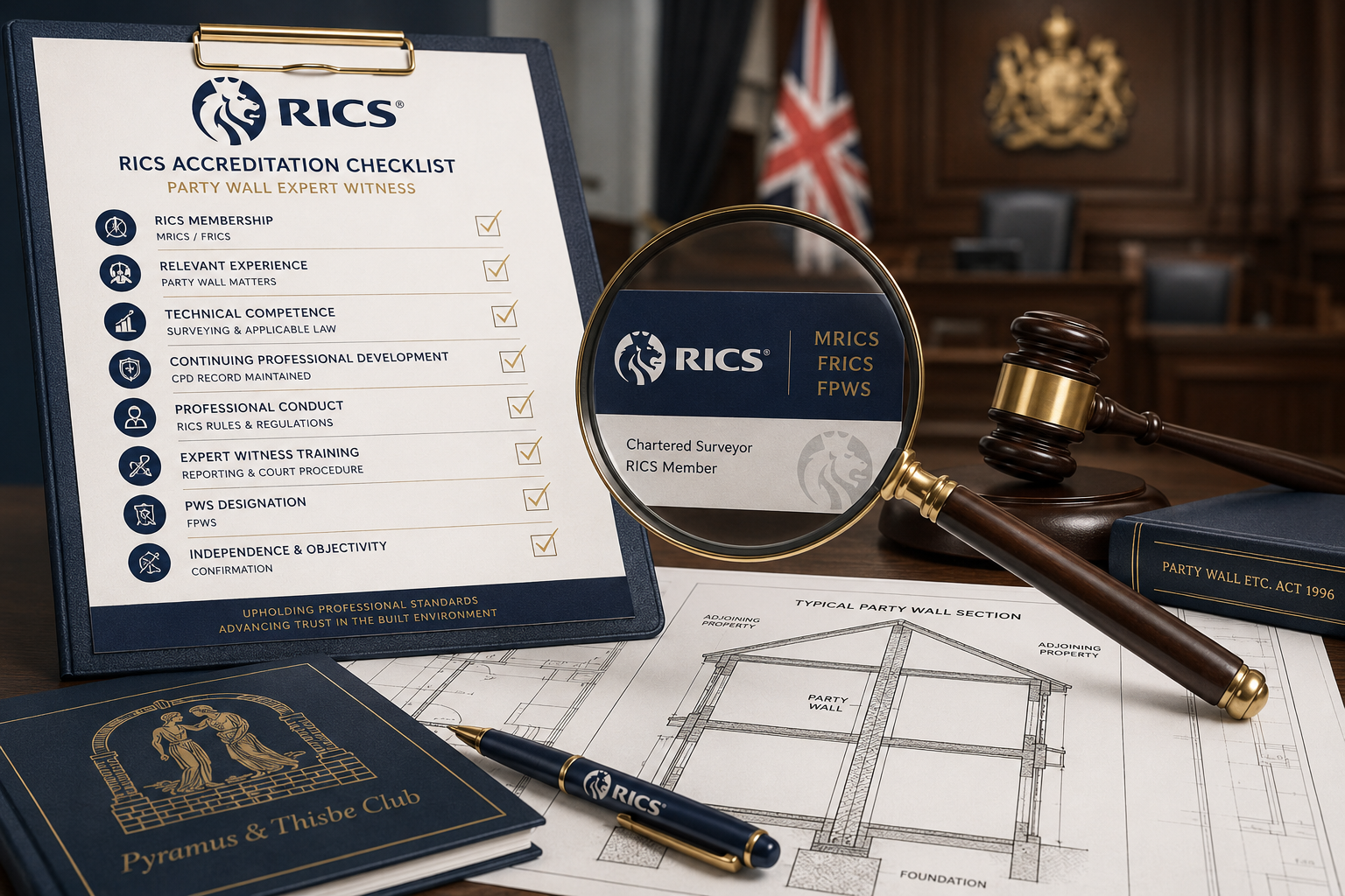 () editorial infographic-style image showing a formal RICS accreditation checklist document on a desk beside a gavel and